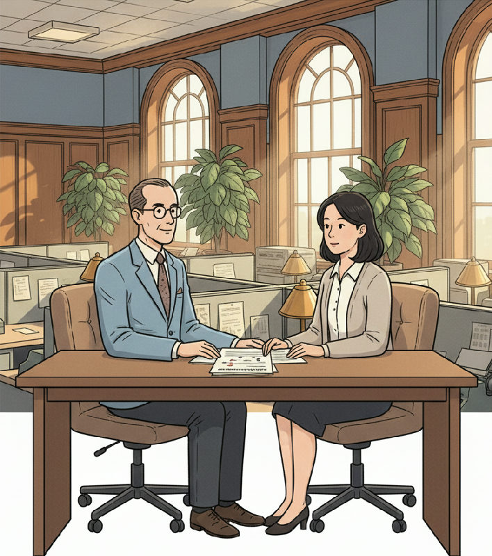 A financial services manager and the incoming analyst read a Knowledge Transfer Report at a tidy…