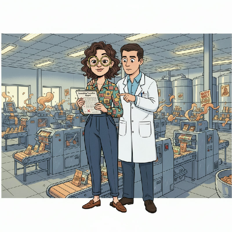 A production supervisor beside the blending line holds a Knowledge Transfer Report while a techni…