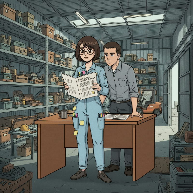 A field service manager at the shop desk with a Knowledge Transfer Report open while a junior tec…
