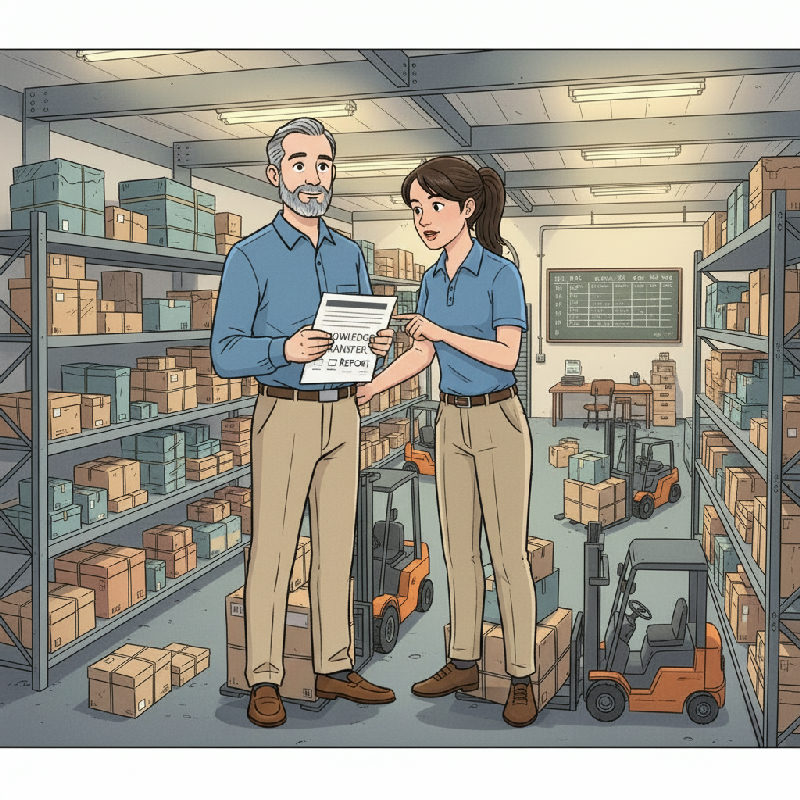 A warehouse manager at a tidy shelving bay holds a Knowledge Transfer Report while a colleague re…