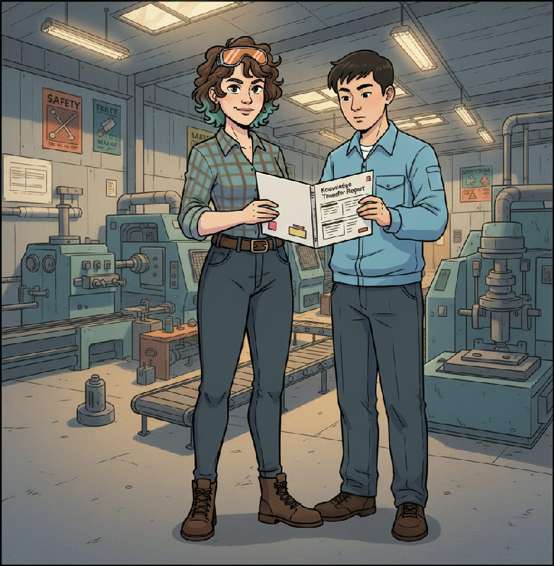 A plant manager on the factory floor holds a Knowledge Transfer Report while the new operator rea…