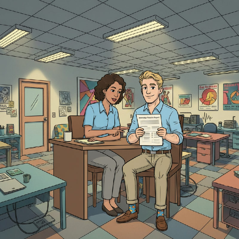 A marketing manager and the incoming account lead read a Knowledge Transfer Report at a tidy desk…