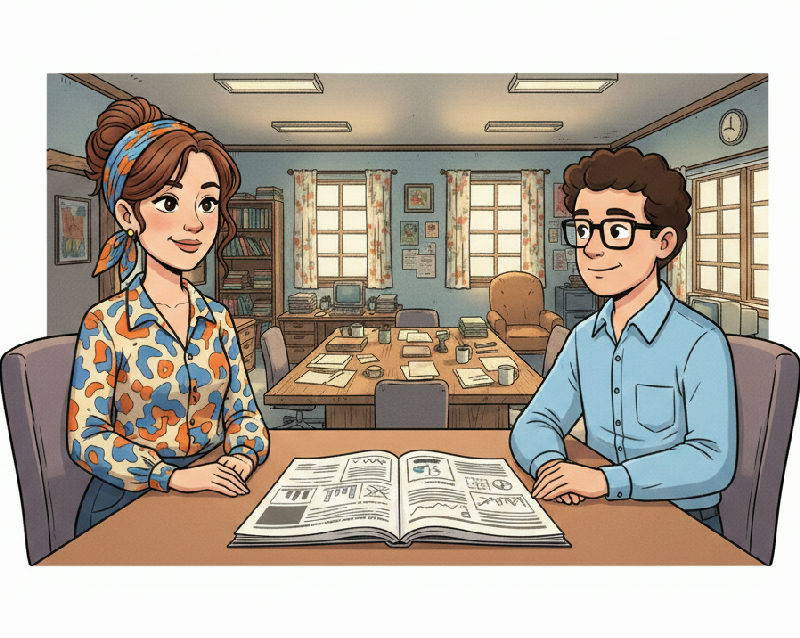 A fundraising manager and their successor read a Knowledge Transfer Report at an office table, th…