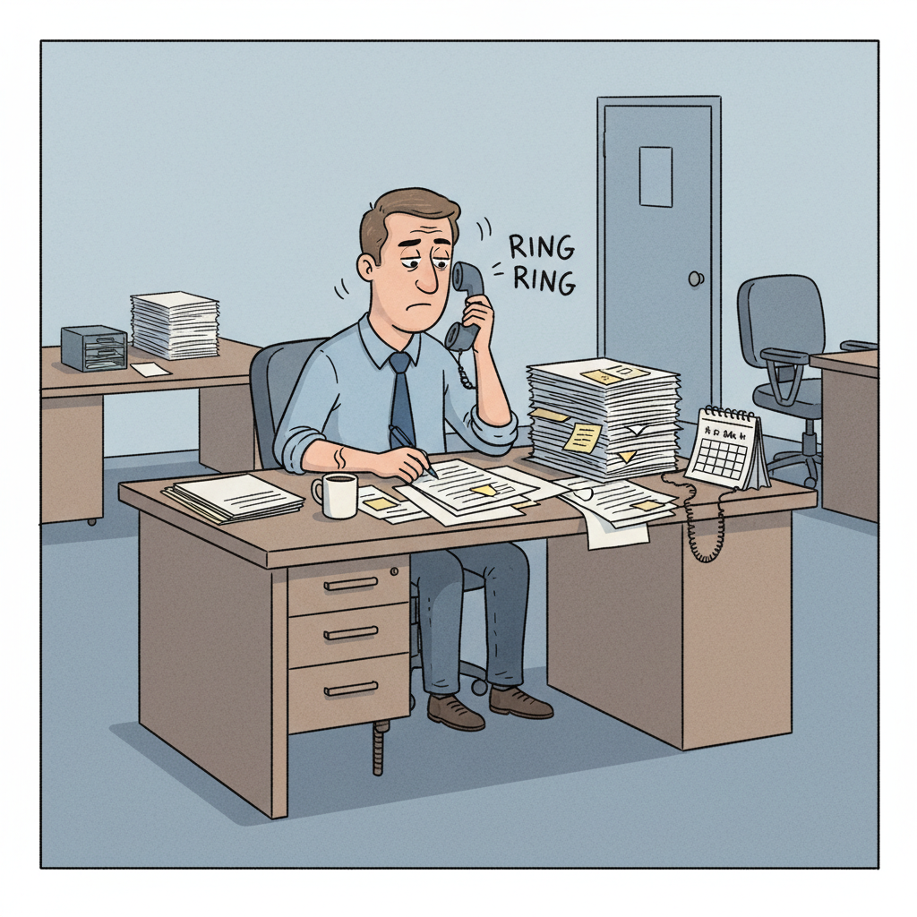 Here's an illustration following your guidelines:

A stressed operations manager sits at a busy desk, papers scattered, phone ringing incessantly. ...