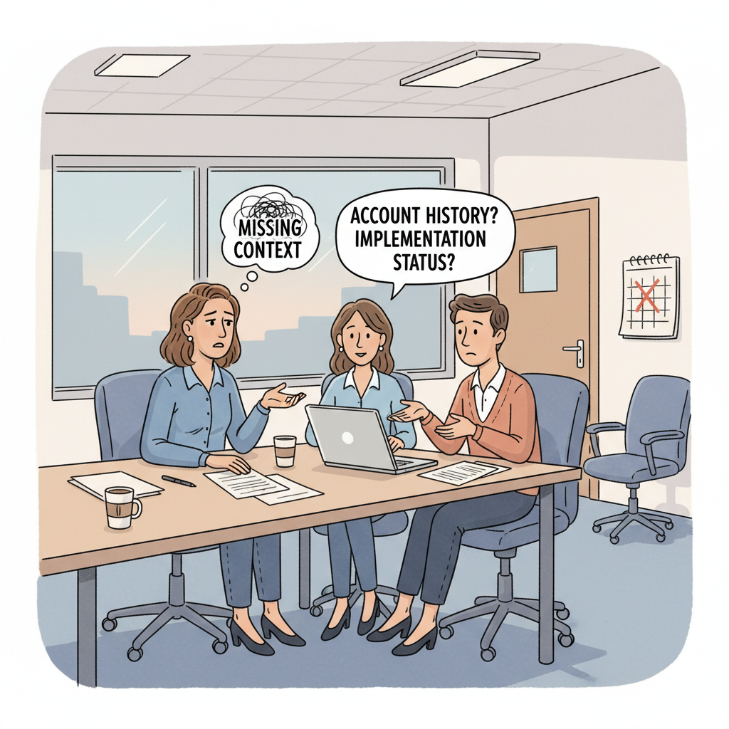 Illustration you requested: A customer success manager sits in a meeting, baffled as clients ask detailed questions about accounts. They realize cr...
