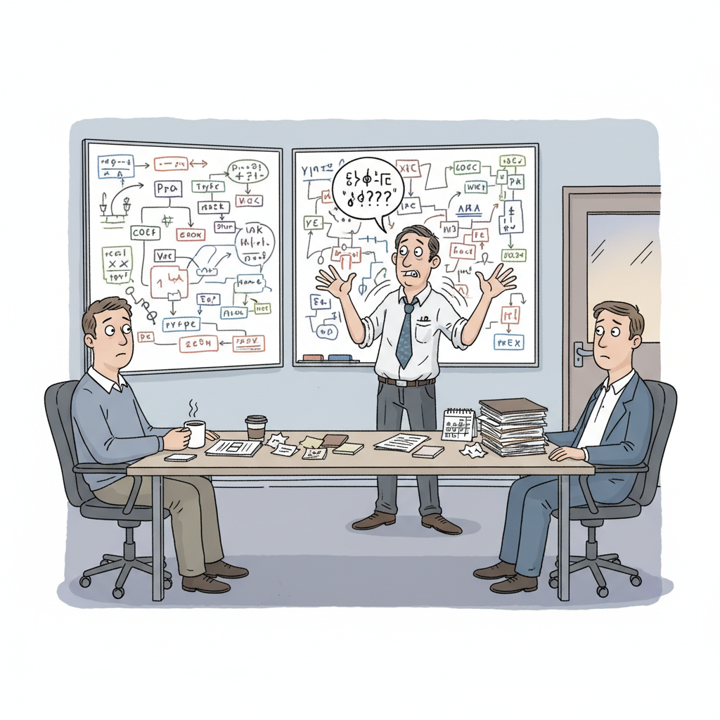 A founder hands off operations, looking frazzled as they try to convey complex knowledge. Whiteboards are filled with diagrams that no one, except the
