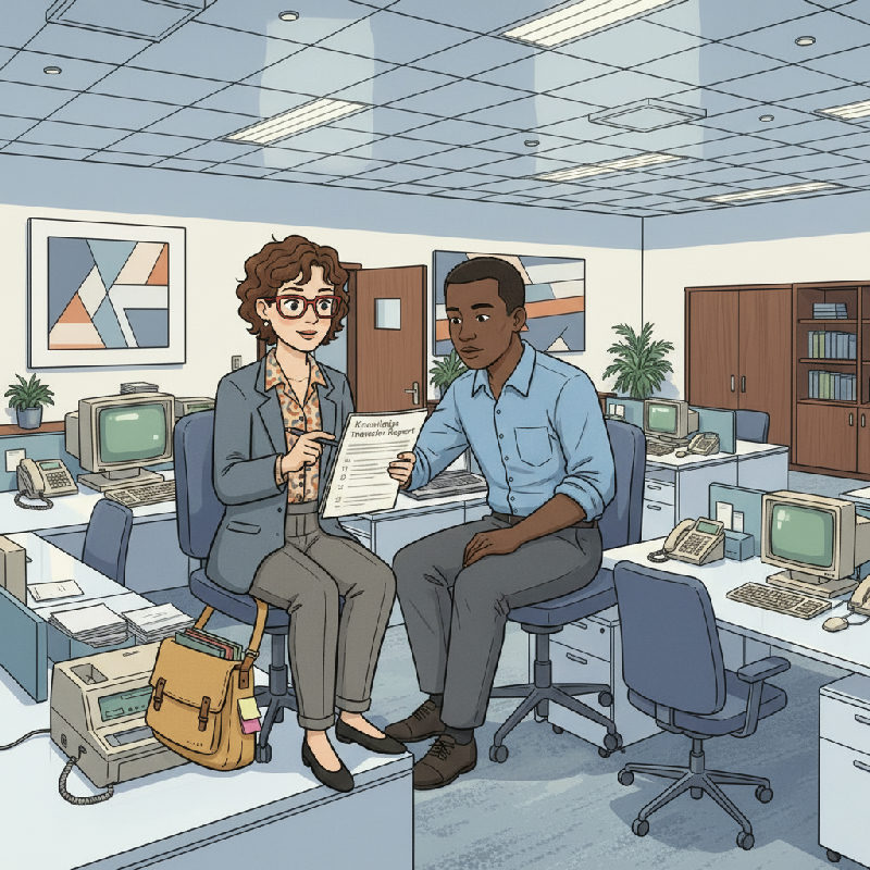 A consulting project manager and the incoming lead read a Knowledge Transfer Report at a quiet de…