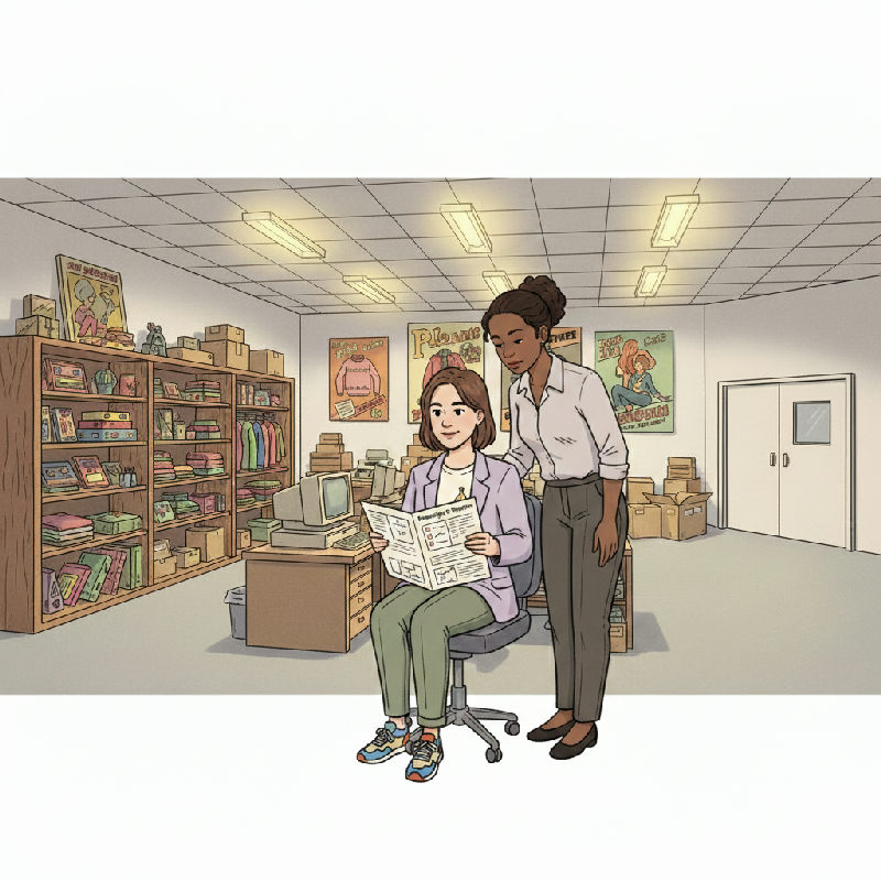 A retail operations lead and the incoming lead read a Knowledge Transfer Report in the stockroom…