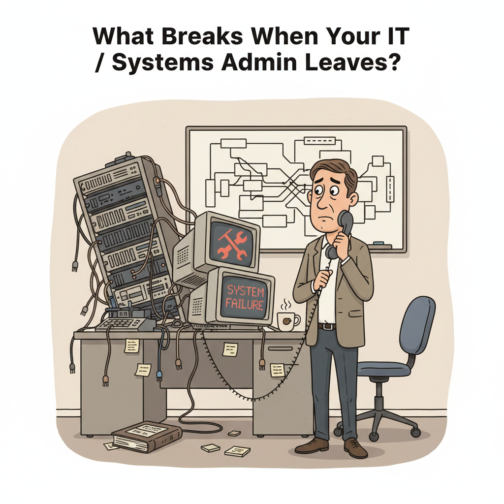 N illustration addressing the question of "What Breaks When Your IT / Systems Admin Leaves?", with corrected proportions and composition: