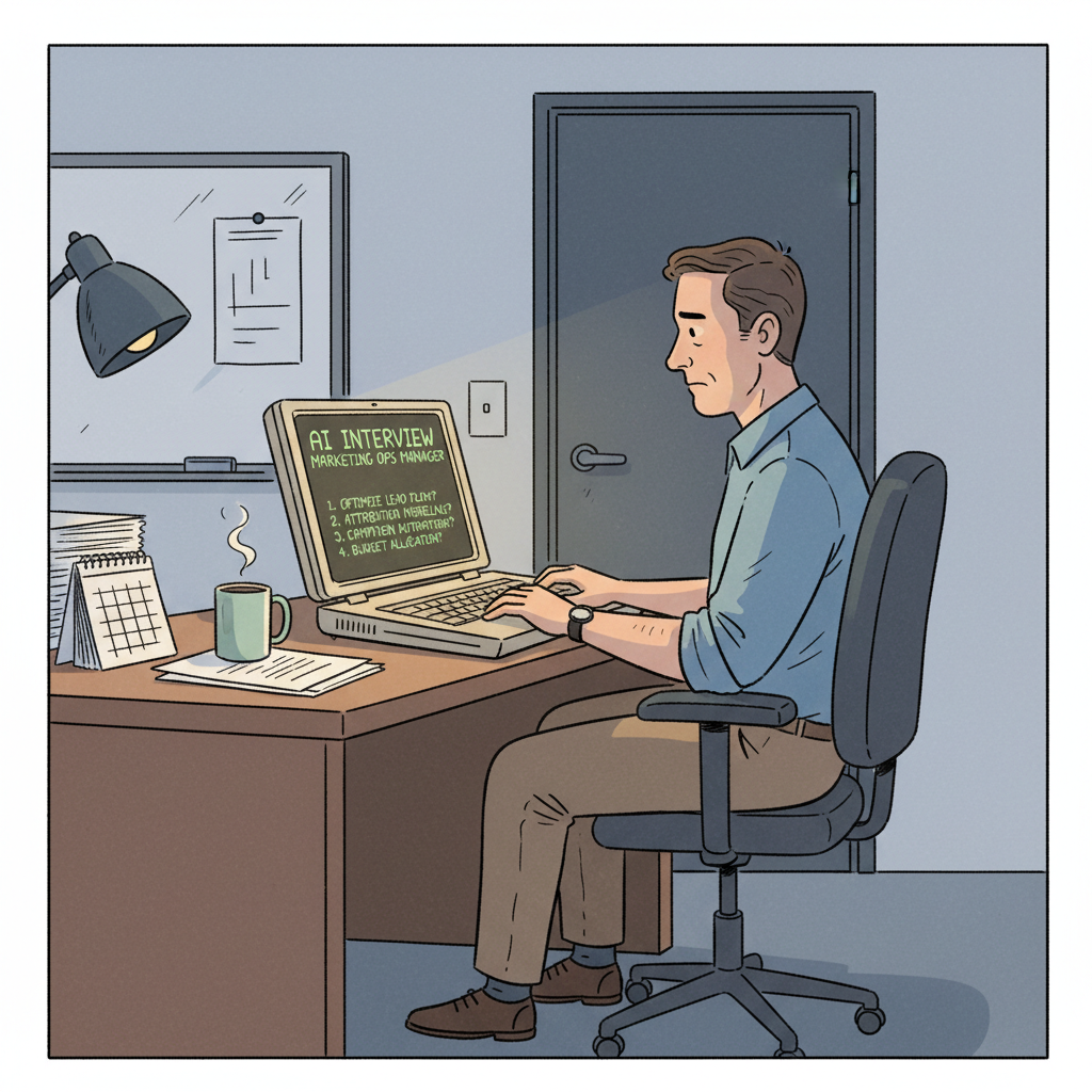 Here's an illustration depicting "What the AI Interview Asks a Marketing Ops Manager," with careful attention to the 1980s hand-drawn cartoon style...
