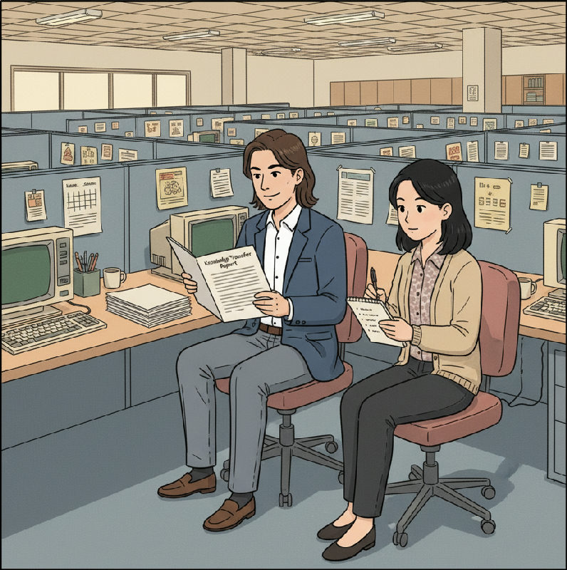 An operations manager reads a printed Knowledge Transfer Report at a quiet desk while the incomin…