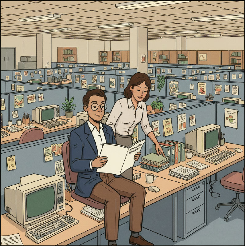 A new project lead reads a Knowledge Transfer Report at the desk while a colleague points to the…