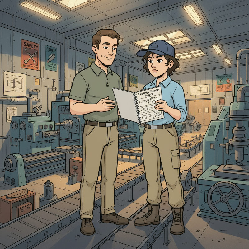 A production manager beside the running assembly line holds a Knowledge Transfer Report while the…