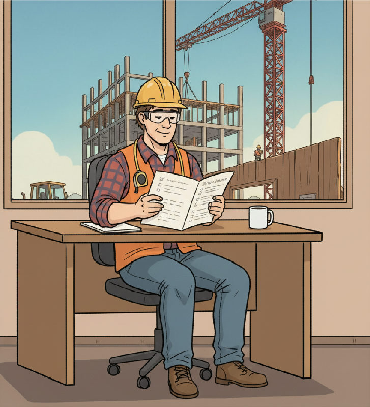 A site supervisor reads a Knowledge Transfer Report at the site-office table, the supplier contac…