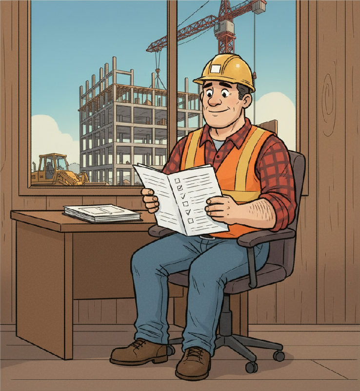 A new site manager reads a Knowledge Transfer Report at the desk, the field logs in one binder be…