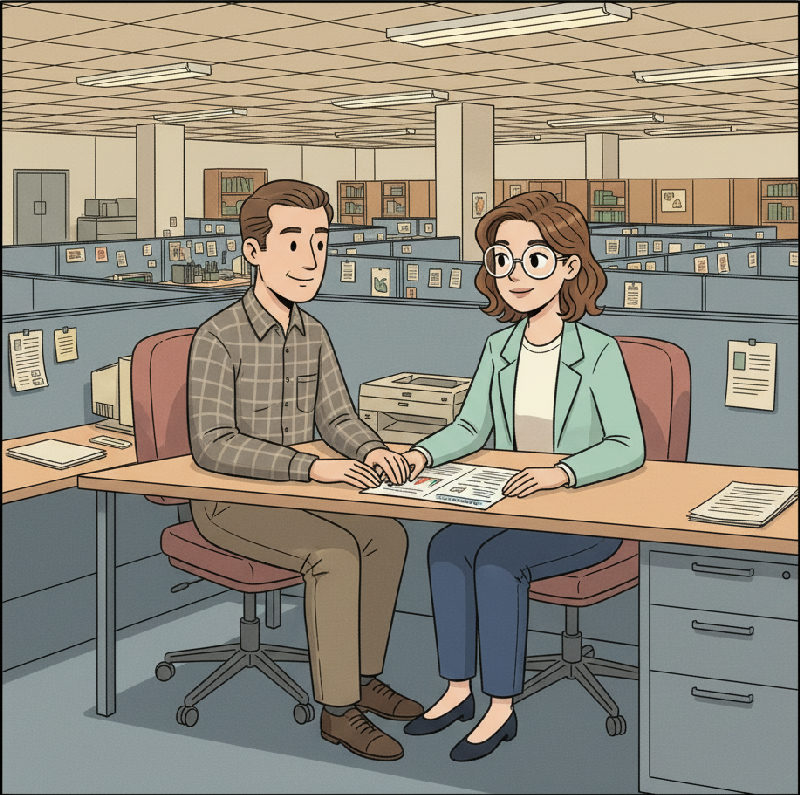 A manager and the incoming customer success manager read a Knowledge Transfer Report at the desk,…