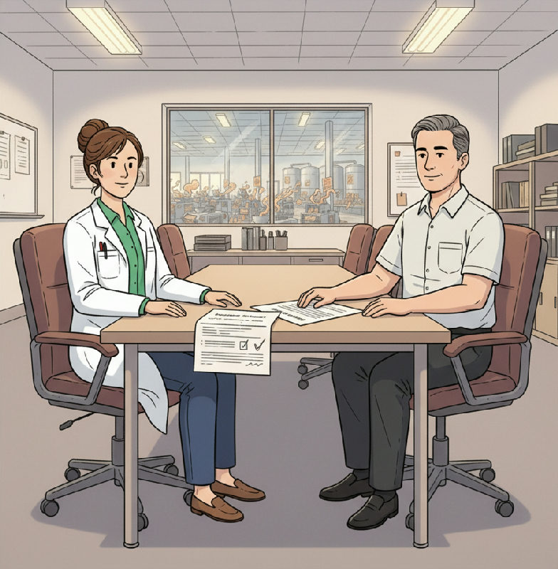 A plant manager and the incoming food safety manager read a Knowledge Transfer Report at the offi…
