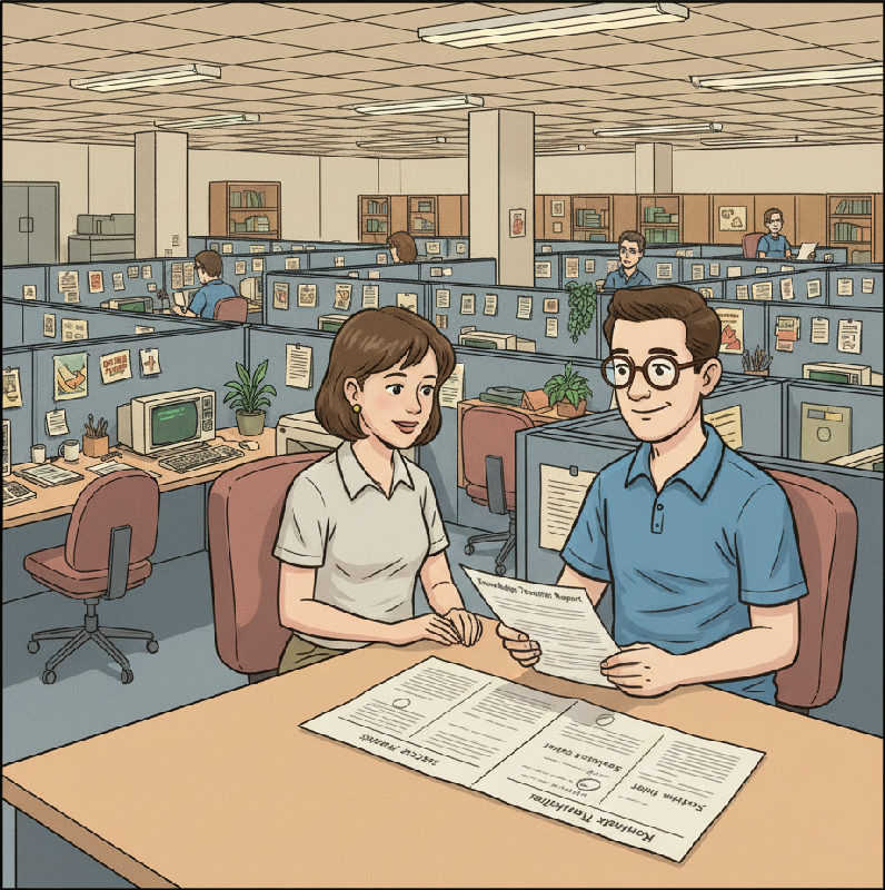 An IT manager and the incoming admin read a Knowledge Transfer Report at the workstation, the sys…