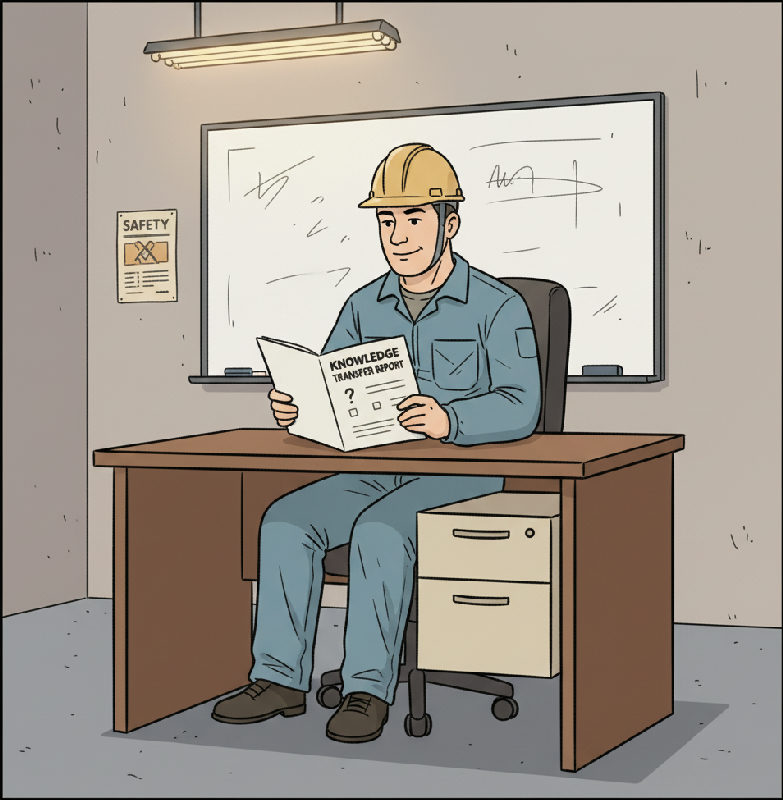 A new maintenance manager reads a Knowledge Transfer Report at the desk, the whiteboard behind th…