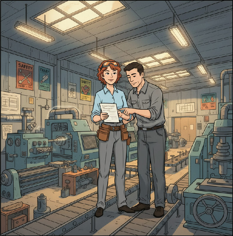 An operations manager and the supervisor stand beside the running machine reading a Knowledge Tra…