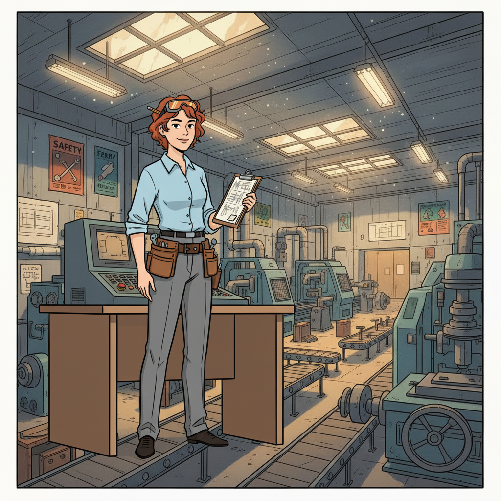 Updated illustration, with corrected proportions and composition, featuring the Manufacturing Process Engineer at work: