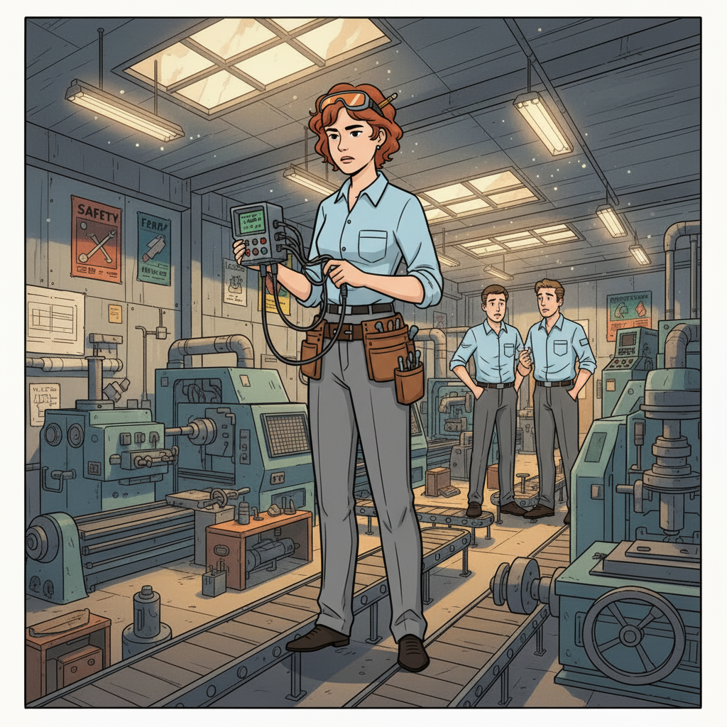 Here's the illustration of the stressed Manufacturing Process Engineer, with corrected proportions and composition: