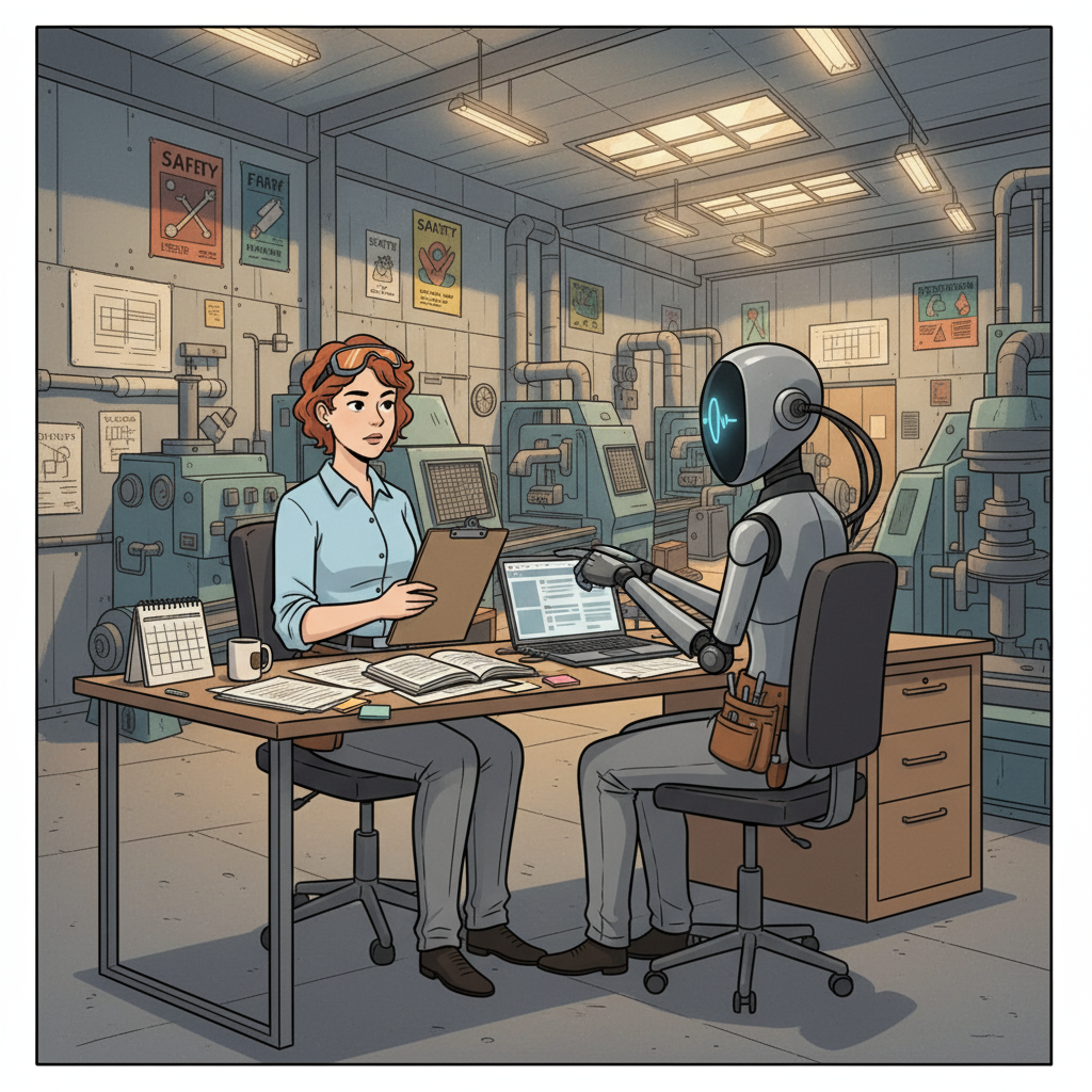 N image depicting an AI interviewer engaging with a Manufacturing Process Engineer in a factory office, surrounded by documentation. The interactio...