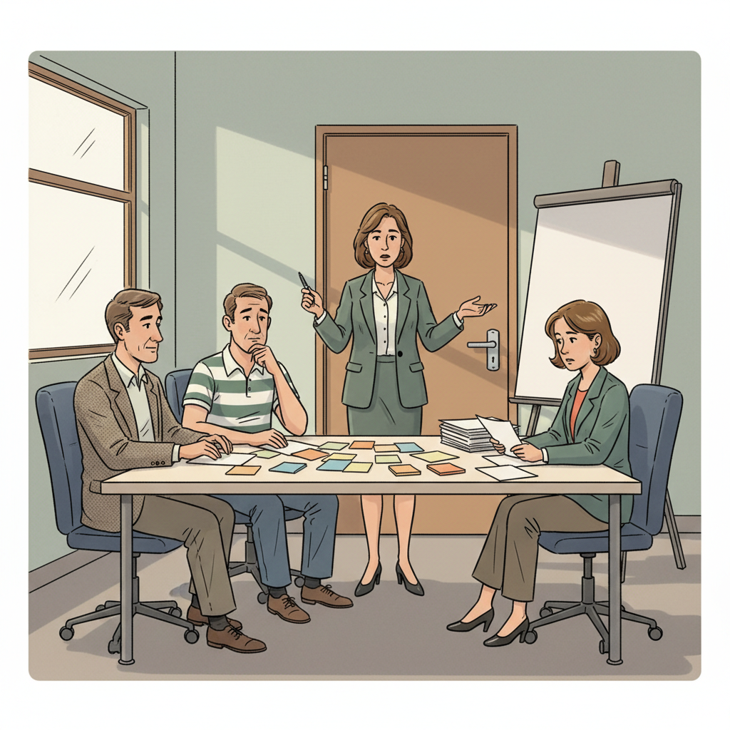 A marketing team meeting is in progress. Three team members sit around a conference table strewn with sticky notes. One team member gestures with a...