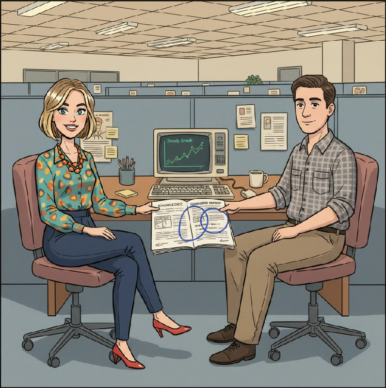A marketing team lead and the incoming ops manager read a Knowledge Transfer Report at the desk,…