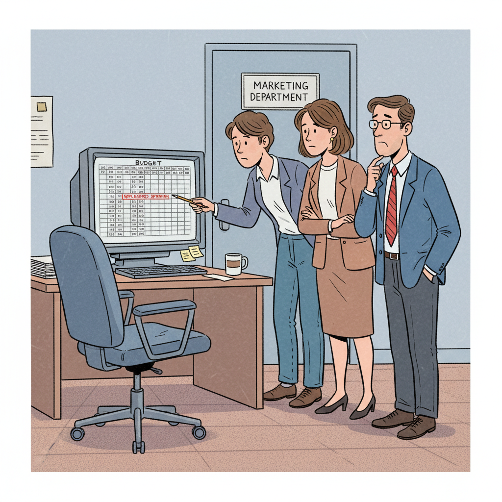 I understand. I will generate an image of an empty office chair, with a team staring at a budget spreadsheet, adhering to all the specified NanoBan...