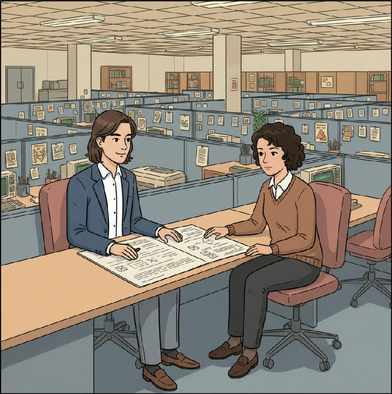 An operations manager and their successor read a Knowledge Transfer Report at the desk, the sched…