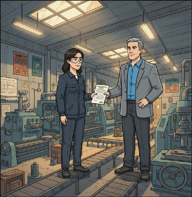 A plant manager hands a Knowledge Transfer Report to the incoming manager on the factory floor, t…
