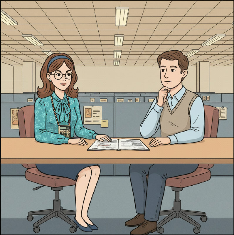A procurement manager and the successor read a Knowledge Transfer Report at the meeting table, th…