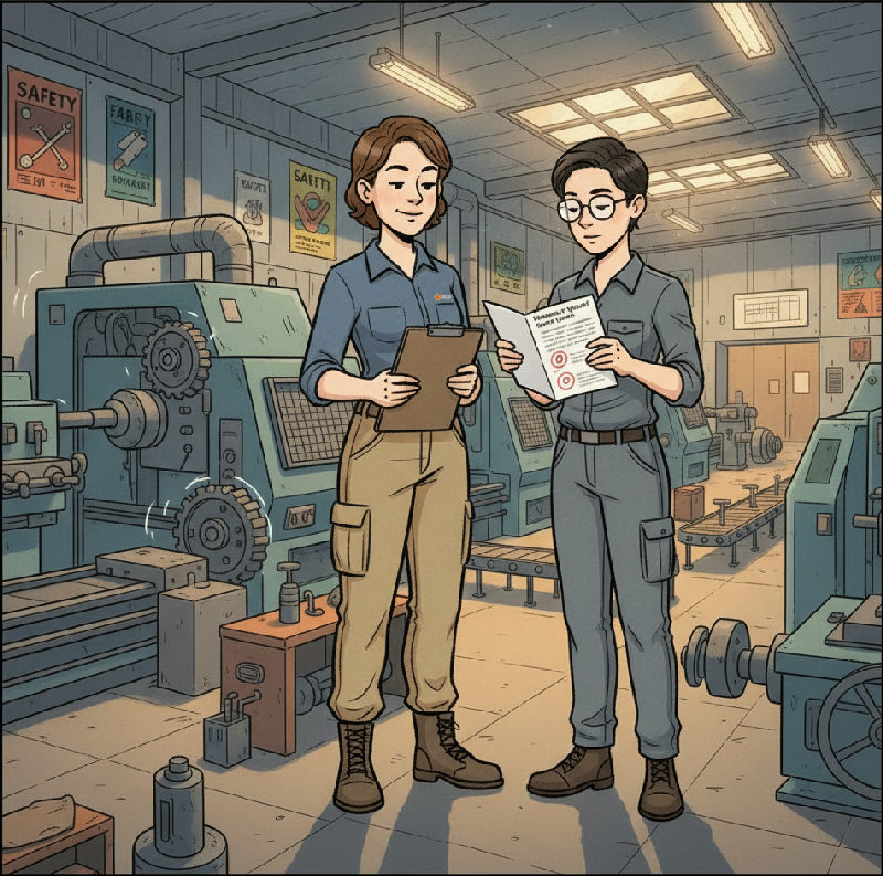A production supervisor beside the running machine holds a Knowledge Transfer Report while the in…