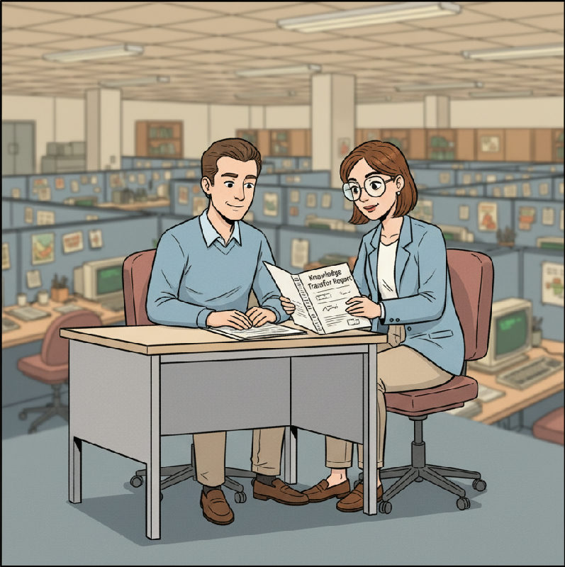 A team lead and the incoming QA manager read a Knowledge Transfer Report at the table, the defect…
