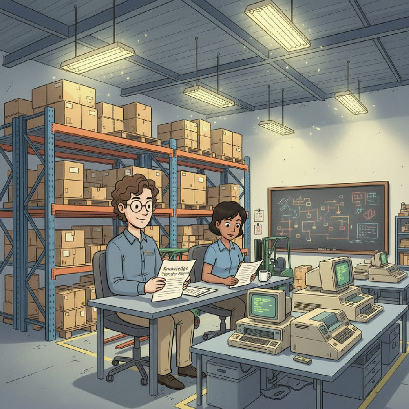 A supply chain manager and the successor read a Knowledge Transfer Report at the desk, the negoti…