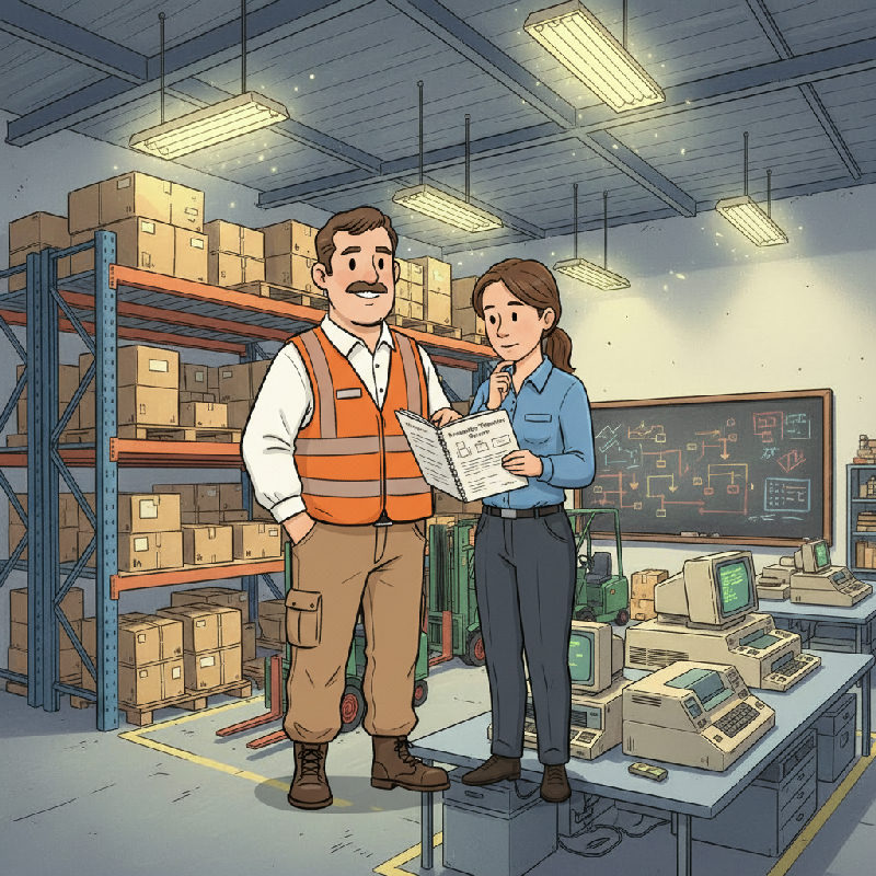 A warehouse manager in the inventory area holds a Knowledge Transfer Report while the incoming ma…