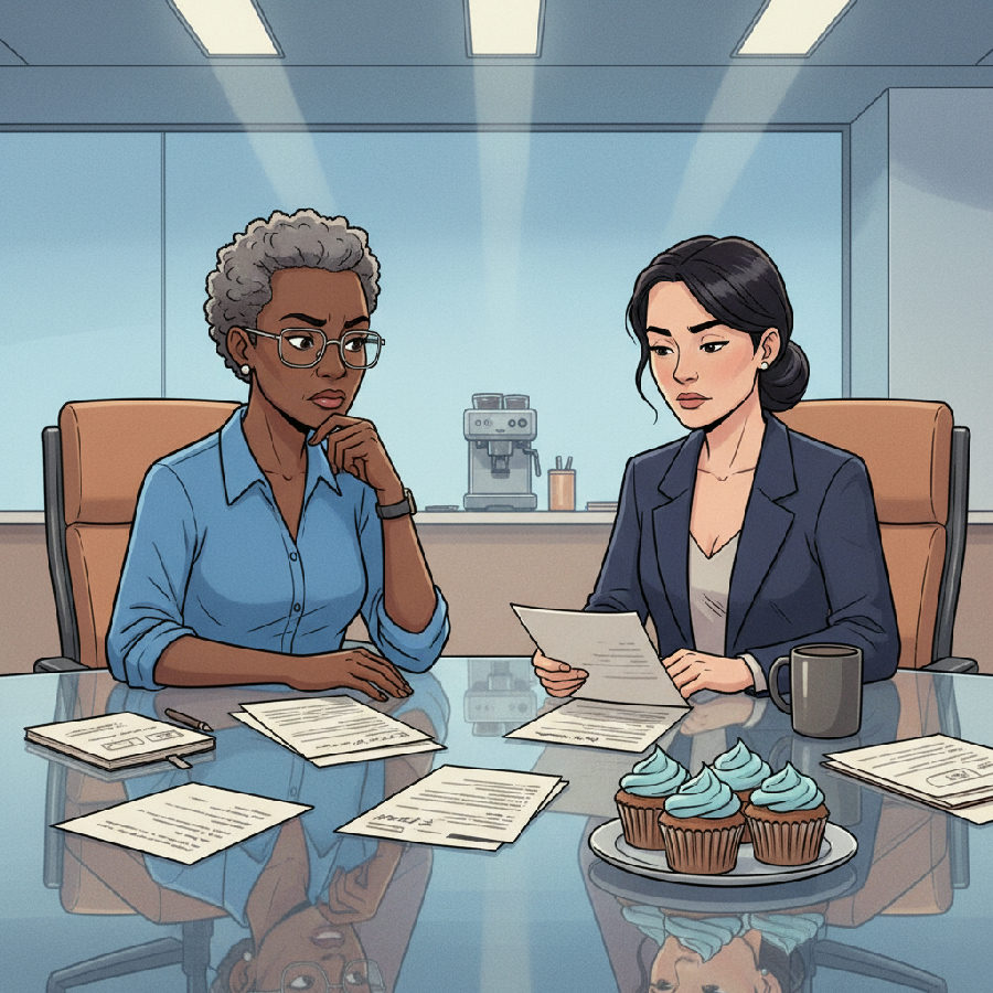 Two colleagues sit at a glass meeting table covered in paperwork, a plate of cupcakes between them.