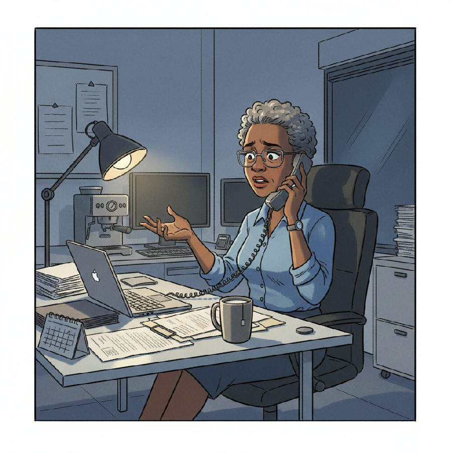 A manager works late at a dim desk, on the phone and gesturing in frustration.
