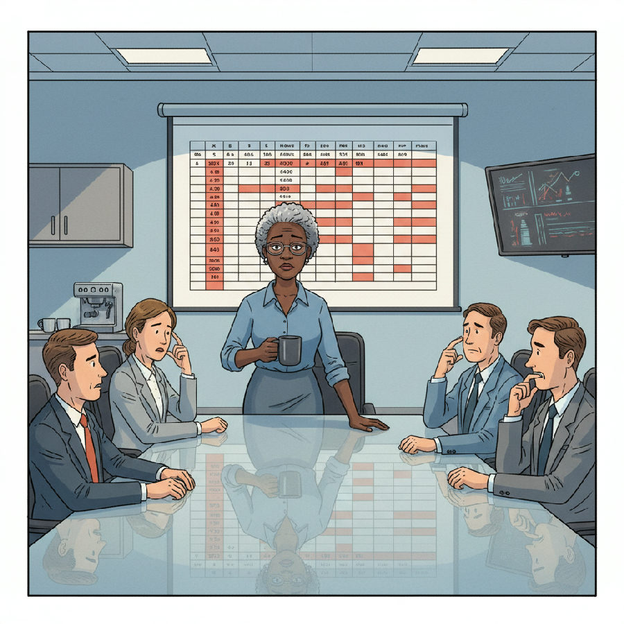 A manager stands before a projected spreadsheet marked with red cells while colleagues watch unea…