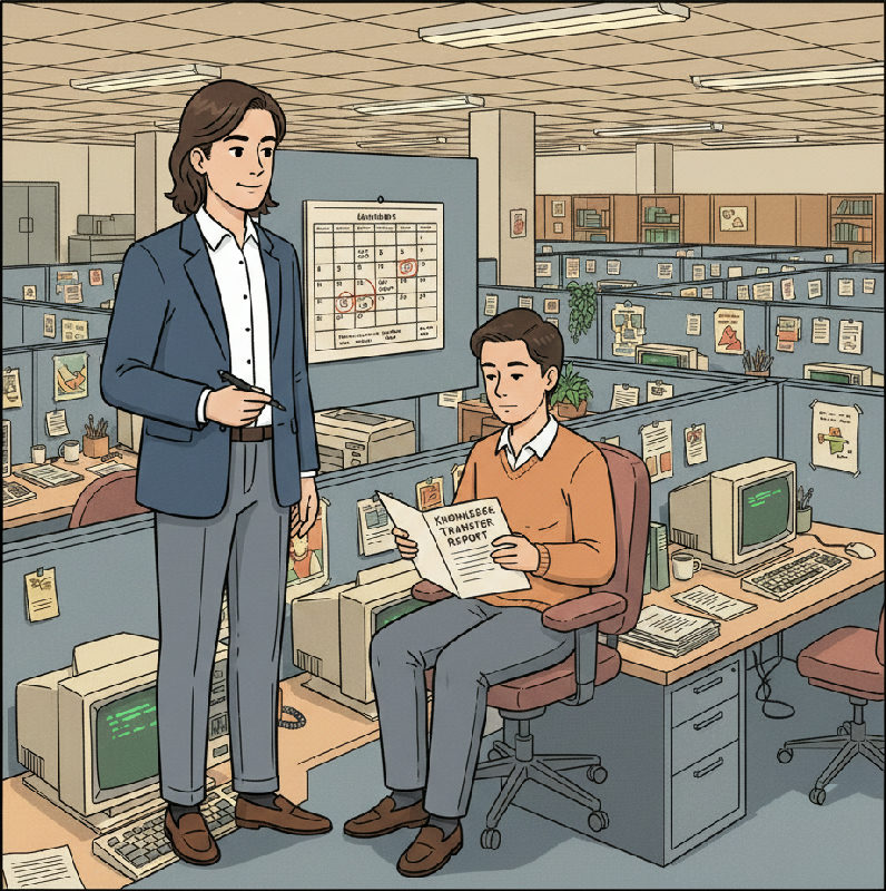 The cover colleague reads a Knowledge Transfer Report at the absent employee’s desk while the man…