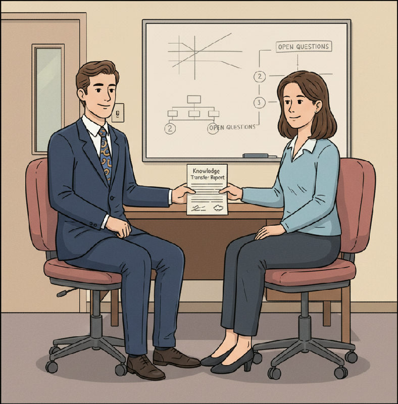 A founder hands a Knowledge Transfer Report to the operations lead taking over at a tidy desk, th…