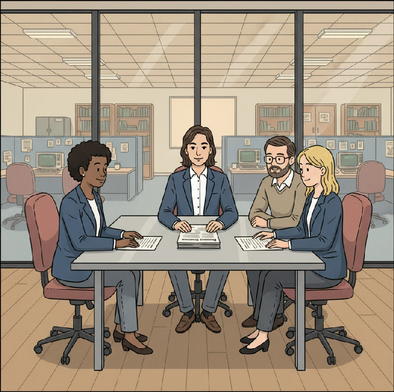 A promoted employee and the teammates who inherited the old work read a Knowledge Transfer Report…