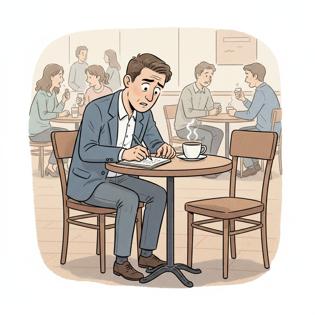 A mid-career manager sits in a bustling coffee shop, intensely scribbling notes from a conversation with a departing team member. The manager's exp...