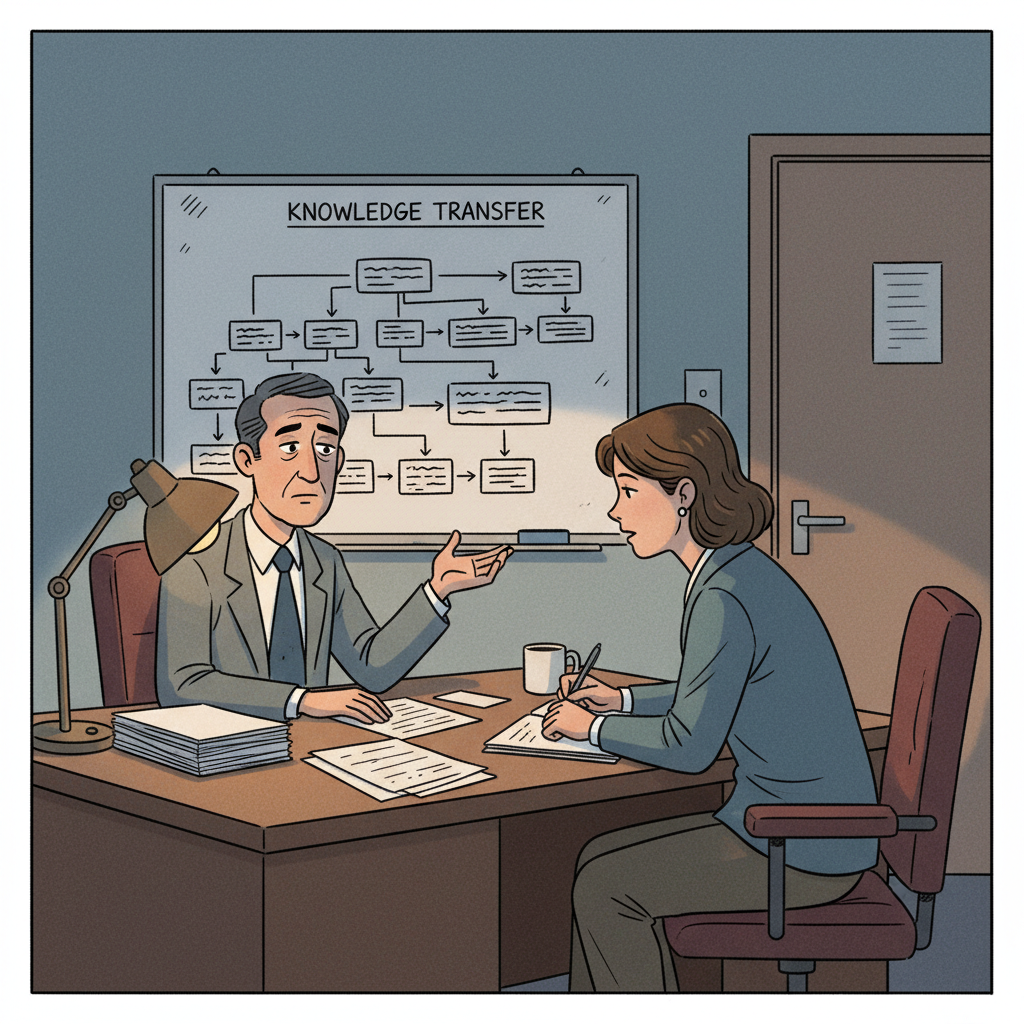 A Founder, looking fatigued, meets with a successor in a dimly lit office. They discuss the intricate details of the business that had only lived i...