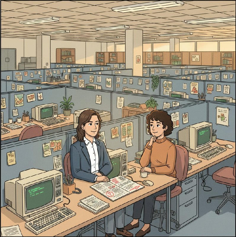 A founder and the successor at the office table with a Knowledge Transfer Report between them, th…