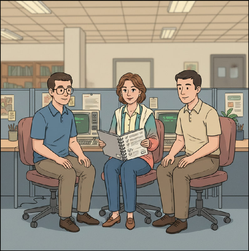 A manager, the successor and the retiring employee read a Knowledge Transfer Report at the desk,…