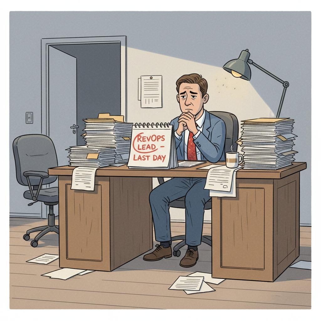 A stressed manager sits at a desk piled with reports, looking at a calendar with a big red circle around the last working day of their RevOps Lead. Pa