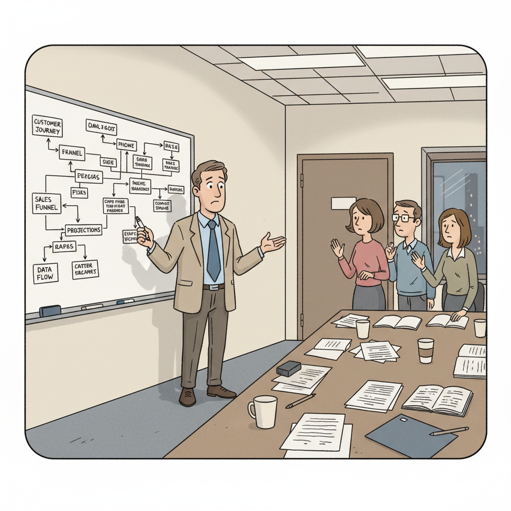 In a chaotic meeting room, the manager stands at a whiteboard, showcasing a complicated flowchart filled with customer data and projections while team