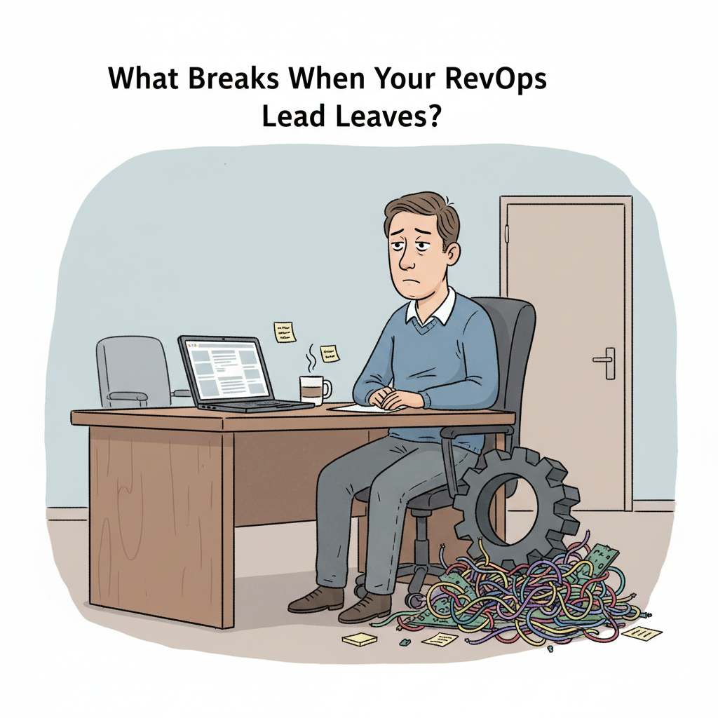 1980s hand-drawn cartoon illustration of a distressed manager sitting at a large, empty desk, a single, oversized cog fallen onto the desk next to ...